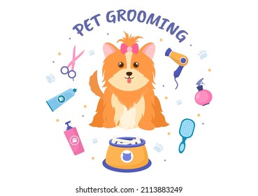 Pet Grooming for Dogs and Cats in Flat Cartoon Hand drawn Background Illustration. The Main Tools Which are used in Beauty Salon for Poster or Banner