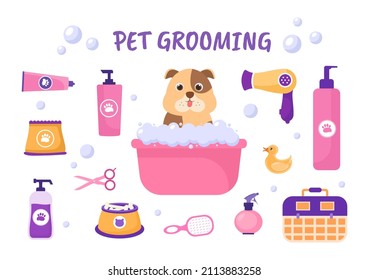 Pet Grooming for Dogs and Cats in Flat Cartoon Hand drawn Background Illustration. The Main Tools Which are used in Beauty Salon for Poster or Banner