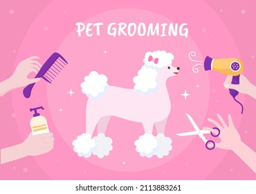Pet Grooming for Dogs and Cats in Flat Cartoon Hand drawn Background Illustration. The Main Tools Which are used in Beauty Salon for Poster or Banner