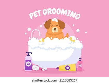 Pet Grooming for Dogs and Cats in Flat Cartoon Hand drawn Background Illustration. The Main Tools Which are used in Beauty Salon for Poster or Banner