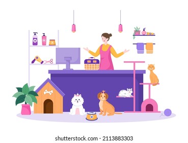 Pet Grooming für Hunde und Katzen in Flach Cartoon Handgezeichnete Hintergrundgrafik. Die wichtigsten Tools, die im Schönheitssalon für Poster oder Banner verwendet werden