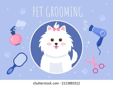 Pet Grooming for Dogs and Cats in Flat Cartoon Hand drawn Background Illustration. The Main Tools Which are used in Beauty Salon for Poster or Banner