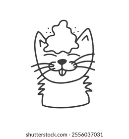 Pet grooming doodle icon with funny cat. Kitten portrait with foam on its head