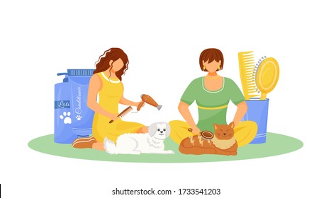 Pet grooming flat concept vector illustration. Cat with hairstyle. Pet shop products. Kitten hygiene and beauty. Pet owners 2D cartoon characters for web design. Cat hairdressing creative idea