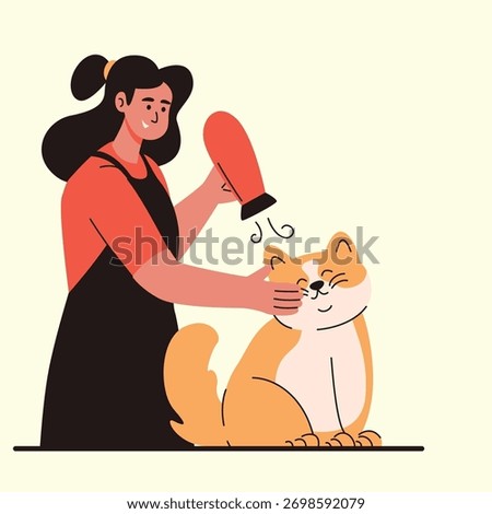 Pet Grooming gently drying the cat’s fur with a warm blower after a nice cleaning session