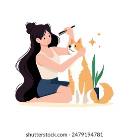 Pet Grooming. Girl character with comb and cute shaggy dog. Vector illustration isolated on white.