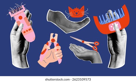 Pet grooming, halftone collage with hands, scissors, comb, nail nipper, hair trimmer. Vector vintage design elements
