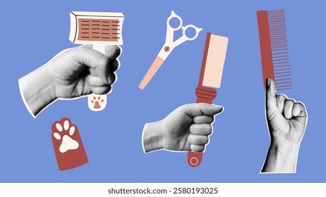 Pet grooming halftone collage. Scissors for haircuts dogs and cats, combs. Vector illustration