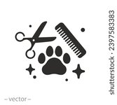 pet grooming icon, animal grooming salon, dog or cat paw, scissors with comb for groomer, flat symbol - editable stroke vector illustration