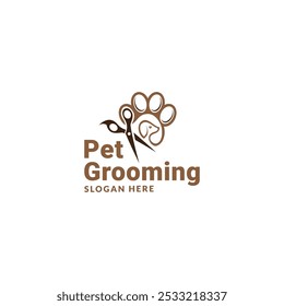 pet grooming icon, animal grooming salon, dog or cat paw, scissors with comb for groomer, flat symbol - editable stroke vector illustration