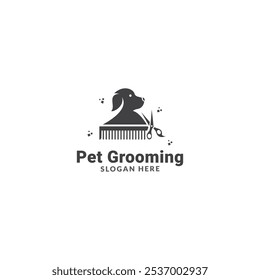 pet grooming icon, animal grooming salon, dog or cat paw, scissors with comb for groomer, flat symbol - editable stroke vector illustration