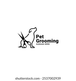 pet grooming icon, animal grooming salon, dog or cat paw, scissors with comb for groomer, flat symbol - editable stroke vector illustration