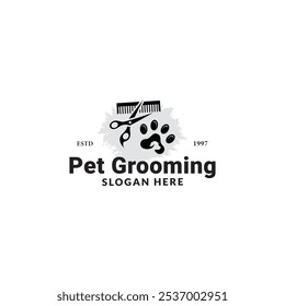 pet grooming icon, animal grooming salon, dog or cat paw, scissors with comb for groomer, flat symbol - editable stroke vector illustration