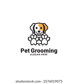 pet grooming icon, animal grooming salon, dog or cat paw, scissors with comb for groomer, flat symbol - editable stroke vector illustration