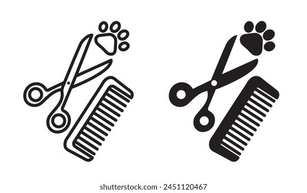 Pet Grooming Icon Set with Dog or Cat Groomer Shop, Scissors, Comb, and Paw Symbols