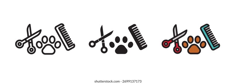 Pet grooming icon set in flat vector illustration, created in outline, filled, and color style. Ideal for pet care, animal salon, veterinary, and grooming service design concepts.