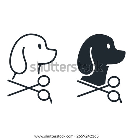 Pet grooming icon set. Vector isolated illustration.Dog with scissors emblem.