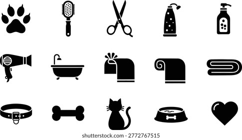 Pet grooming icons collection with bathing brushing feeding tools in black