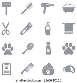 Pet Grooming Icons. Gray Flat Design. Vector Illustration.