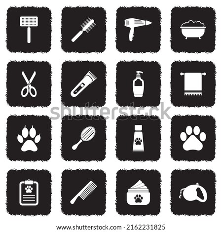 Pet Grooming Icons. Grunge Black Flat Design. Vector Illustration.