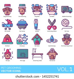 Pet grooming icons including dog, cat, bath, mobile, stroller, carrier, shaver, shears, toys, bowl, shampoo, salon, hydrotherapy, school, spa, cage, table, kennel. svg