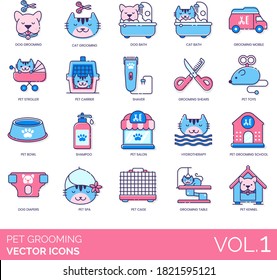 Pet grooming icons including dog, cat bath, mobile, stroller, carrier, shaver, shears, toys, bowl, shampoo, salon, hydrotherapy, school, diaper, spa, cage, table, kennel. svg