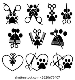 Pet Grooming Icons with Paw Print and Scissors