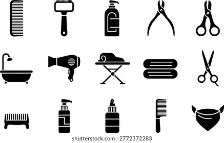 Pet grooming icons set with bathing trimming styling tools for animals