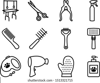 Pet grooming icons set. Collection of flat vector web icons. Tools used in beauty salon for animals.