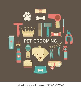 Pet grooming icons set. Collection of flat vector web icons. Vector  dog care template. 