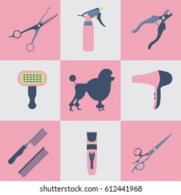 Pet grooming icons set. Collection of flat vector web icons. Vector dog care template.