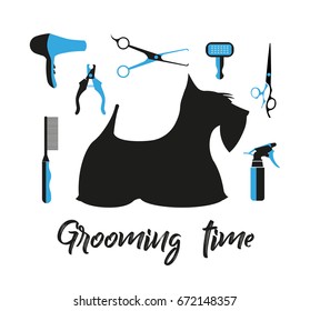 Pet grooming icons set. Collection of flat vector web icons. Vector dog care template.  Animal equipment care grooming tools and dog accessories. Ideally use for print gift and web materials.