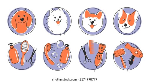 Juego de iconos de preparación de mascotas. Diferentes perros y herramientas para el peinado animal, cortes de pelo, baño, higiene. Cuidar al perro. Ilustración vectorial.