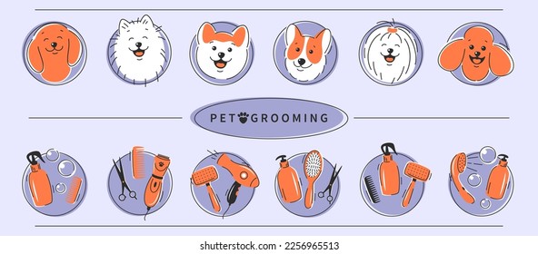 Pet grooming icons set. Different dogs and tools for animal hair grooming, haircuts, bathing, hygiene. Dog care. Vector illustration.