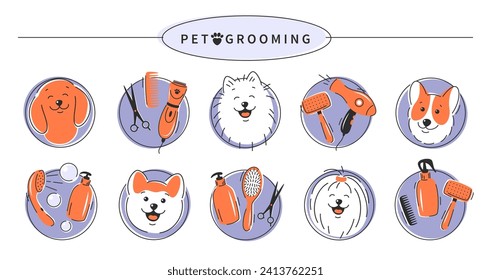 Pet grooming icons set. Different dogs and tools for animal hair grooming, haircuts, bathing, hygiene. Dog care. Vector illustration.