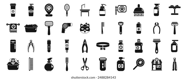 Pet grooming icons set. Pet grooming equipment is used for washing, brushing, and drying pets