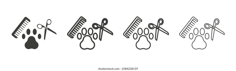 Pet grooming icons set. Liner outlined and flat black color