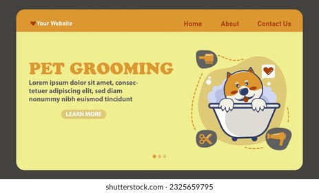 Pet grooming landing page with shiba inu bathing up isolated hand drawn vector,cartoon style,pet salon concept