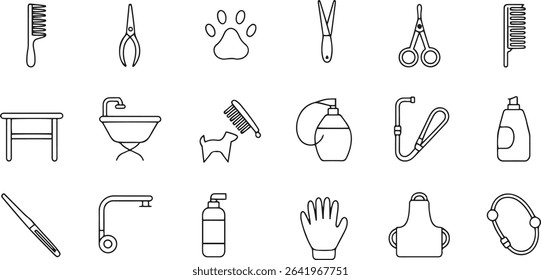 Pet Grooming Line Icons Set. Bathing, Trimming, Brushing, Pet Care. Vector Illustration. Editable Stroke