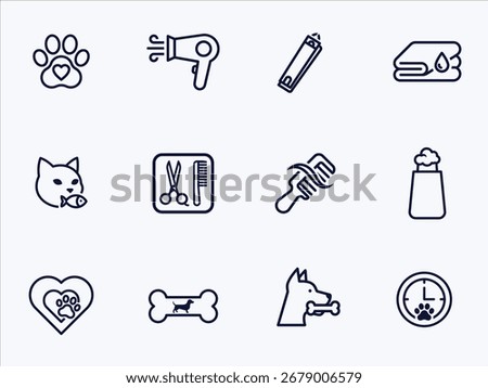 Pet Grooming Line Icons Set.