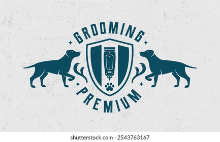 Aseo de mascotas - logotipo, concepto de cartel. Logotipo del novio del animal doméstico con los perros y la silueta del cortador del pelo. Plantilla de logo de peluquería canina. Textura grunge. Ilustración vectorial