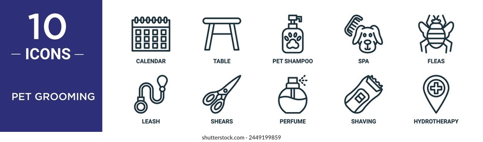 pet grooming outline icon set includes thin line calendar, table, pet shampoo, spa, fleas, leash, shears icons for report, presentation, diagram, web design