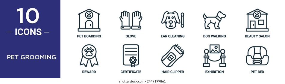 el conjunto de iconos de contorno de aseo para mascotas incluye una línea delgada para mascotas, guante, limpieza de oídos, pasear perros, salón de belleza, recompensa, iconos de certificado para informe, presentación, diagrama, Diseño web