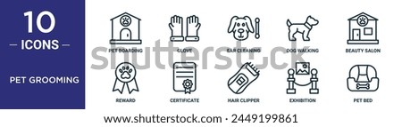 pet grooming outline icon set includes thin line pet boarding, glove, ear cleaning, dog walking, beauty salon, reward, certificate icons for report, presentation, diagram, web design