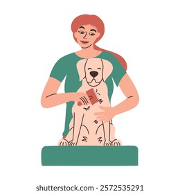 Pet grooming. The owner brushes the fur of her dog. Vector hand draw illustration