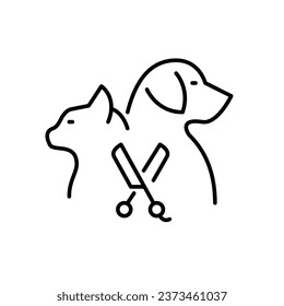 Pet grooming salon. Cat, dog and scissors. Pixel perfect, editable stroke
