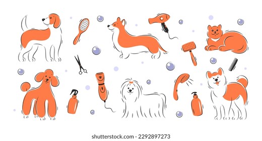 Pet grooming salon. Dog and cat beauty grooming salon, haircuts, bathing, care hair of pet. Vector illustration.
