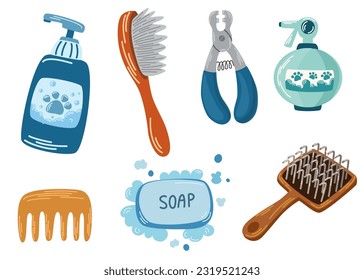 Pet Grooming salon elements. Barbershop for cats and dogs, groomer tools or equipment, scissors, brushes, shampoo isolated on white background. Grooming, hygiene, pets concept. Vector illustration