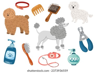 Elementos del salón de mascotas Grooming. Poodle y Barbershop para perros, herramientas o equipos de tenedores, tijeras, cepillos, champú aislado en fondo blanco. Crecer, higiene, concepto de mascotas. Ilustración del vector