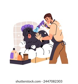 Pet grooming salon. Groomer washing fluffy dog. Man cleans puppy in bath. Pup bathing with shampoo. Professional domestic animals care service. Flat isolated vector illustration on white background